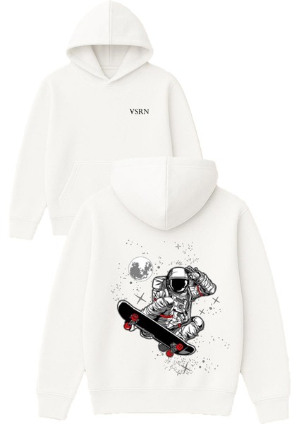 Kaykaycı Astronot Tasarım Baskılı Oversize Beyaz Kapüşonlu Sweatshirt