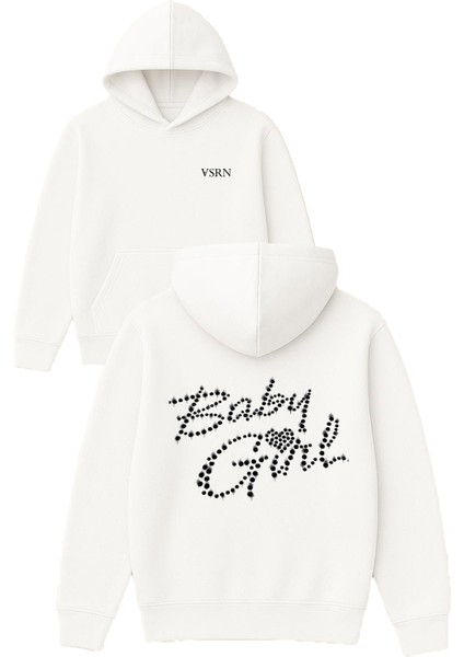 Baby Girl Tasarım Baskılı Oversize Beyaz Kapüşonlu Sweatshirt