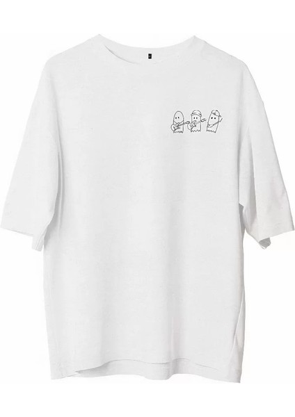 Unisex Bisiklet Yaka Baskılı Oversize T-Shirt - Beyaz