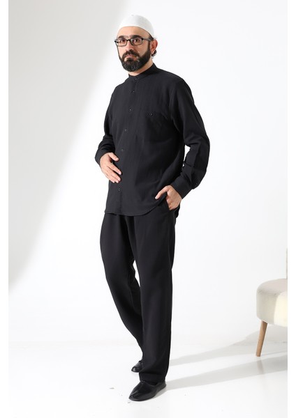Erkek Müslin Hakim Yaka Cepli Gömlek Pantolon Ikili Takım, Hac Umre Kıyafeti - Siyah (Ans)