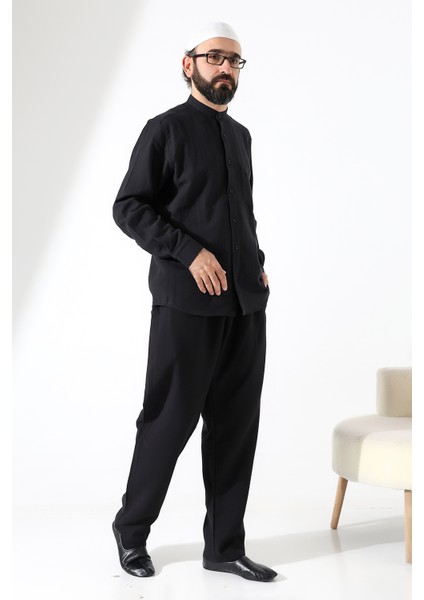 Erkek Müslin Hakim Yaka Cepli Gömlek Pantolon Ikili Takım, Hac Umre Kıyafeti - Siyah (Ans) fiyatları