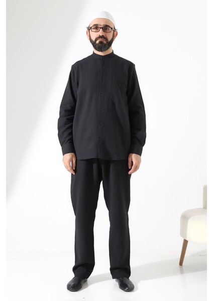 Erkek Müslin Hakim Yaka Cepli Gömlek Pantolon Ikili Takım, Hac Umre Kıyafeti - Siyah (Ans) modelleri