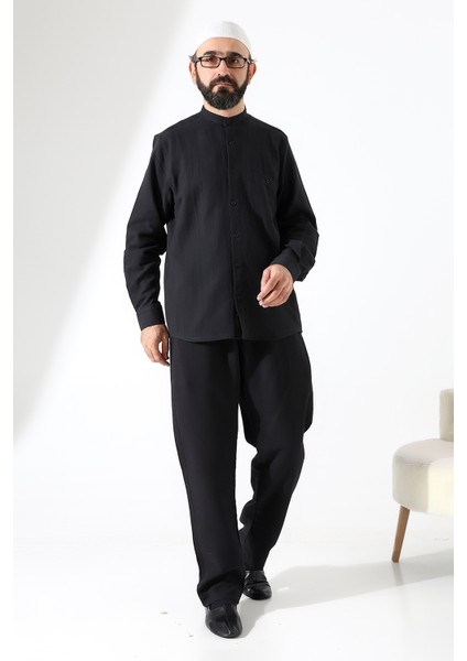 Erkek Müslin Hakim Yaka Cepli Gömlek Pantolon Ikili Takım, Hac Umre Kıyafeti - Siyah (Ans) fırsatları
