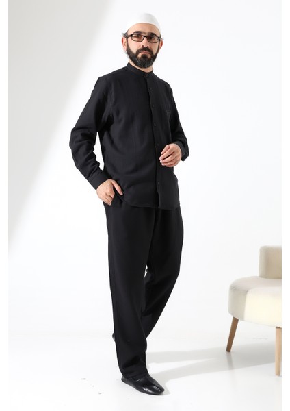 Erkek Müslin Hakim Yaka Cepli Gömlek Pantolon Ikili Takım, Hac Umre Kıyafeti - Siyah (Ans) indirimleri