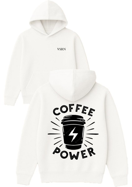 Coffee Power Tasarım Baskılı Oversize Beyaz Kapüşonlu Sweatshirt