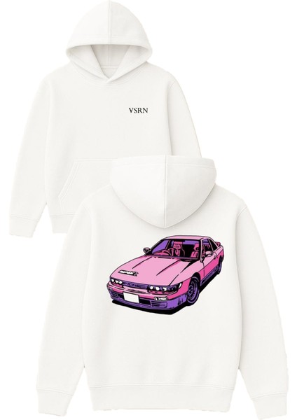 Pembe Araba Tasarım Baskılı Oversize Beyaz Kapüşonlu Sweatshirt