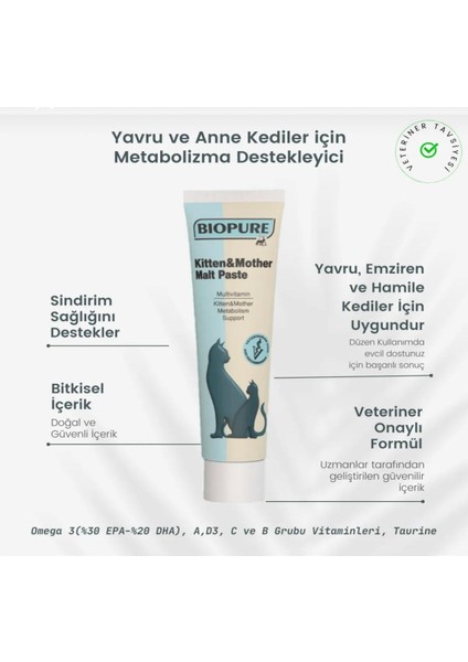 Yavru ve Anne Kedi Için Multivitamin ve Metabolizma Desteği - Biopure Malt Paste (100 G)