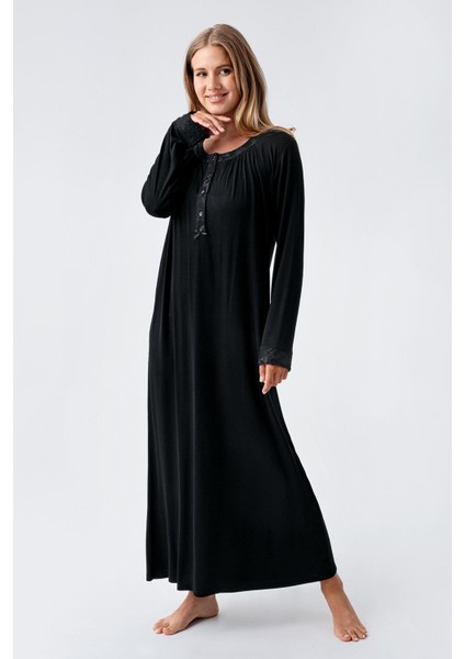 Uzun Kollu Düğmeli Esnek Viskoz Gecelik 18104