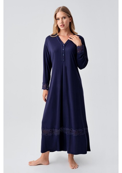 Uzun Kollu Dantelli Düğmeli Esnek Viskoz Gecelik 18106