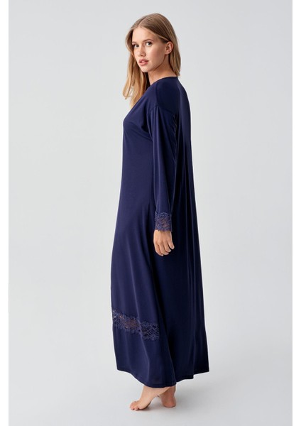 Uzun Kollu Dantelli Düğmeli Esnek Viskoz Gecelik 18106 modelleri