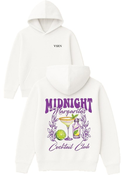 Mıdnıght Margarıtas Tasarım Baskılı Oversize Beyaz Kapüşonlu Sweatshirt