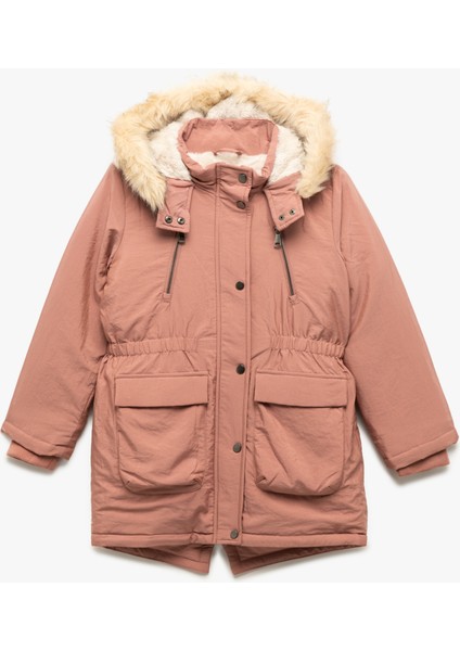Peluş Detaylı Uzun Kollu Cepli Kapşonlu Mont