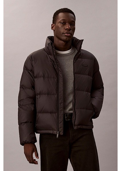 Erkek Regular Fit Dik Yaka Aplike Logolu Şişme Mont - Siyah