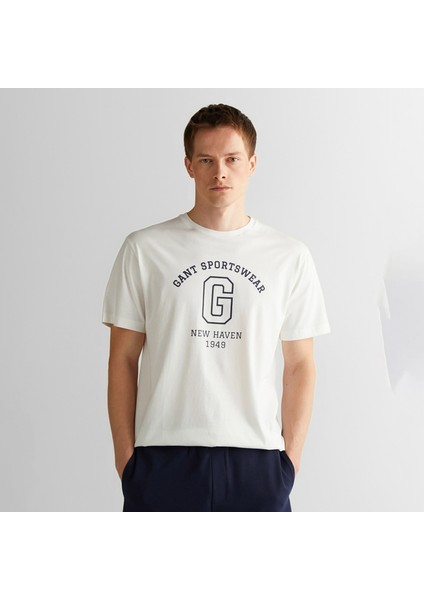 Erkek Krem Regular Fit Bisiklet Yaka Logolu T-Shirt