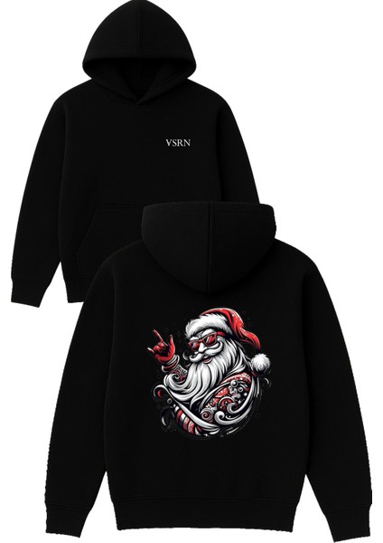 Noel Baba Tasarım Baskılı Oversize Siyah Kapüşonlu Sweatshirt