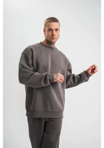 Uzun Kol Bisiklet Yaka Basic Sweatshirt - Füme modelleri
