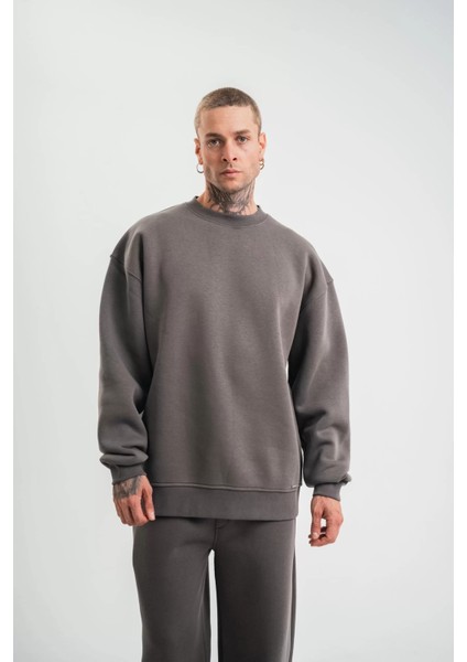 Uzun Kol Bisiklet Yaka Basic Sweatshirt - Füme indirimleri