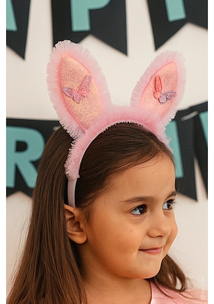 Tavşan Kulaklı Taç Parti Kostüm Aksesuarı Pembe Fırfırlı Taç