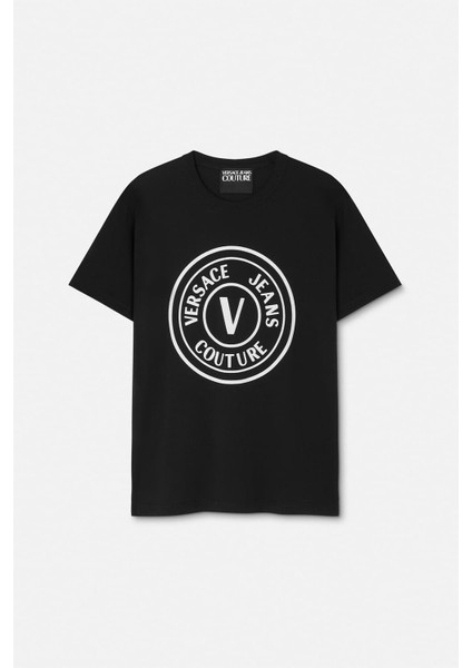 Erkek Regular Fit Kadife Baskı V Amblemli Bisiklet Yaka T-Shirt - Siyah