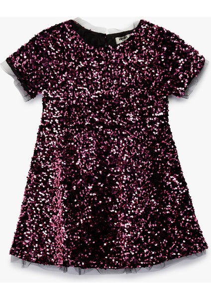 Parlak Pullu Payetli Bisiklet Yaka Kısa Kollu Elbise