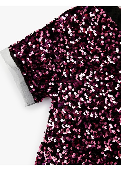 Parlak Pullu Payetli Bisiklet Yaka Kısa Kollu Elbise modelleri