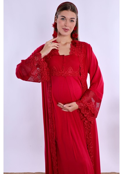 Vişne Sabahlıklı Hamile Lohusa Gecelik Takım