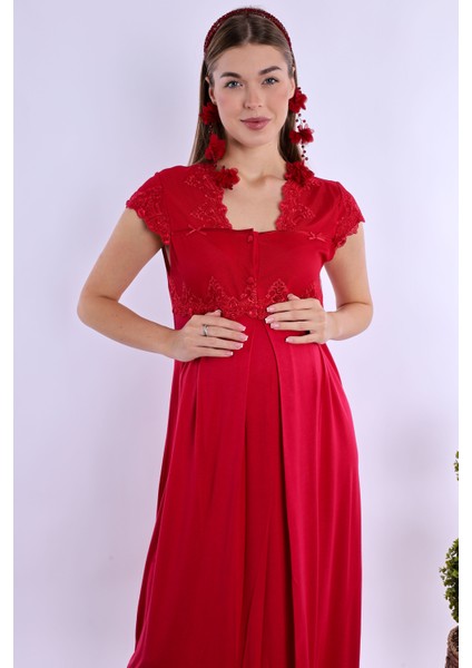 Vişne Sabahlıklı Hamile Lohusa Gecelik Takım