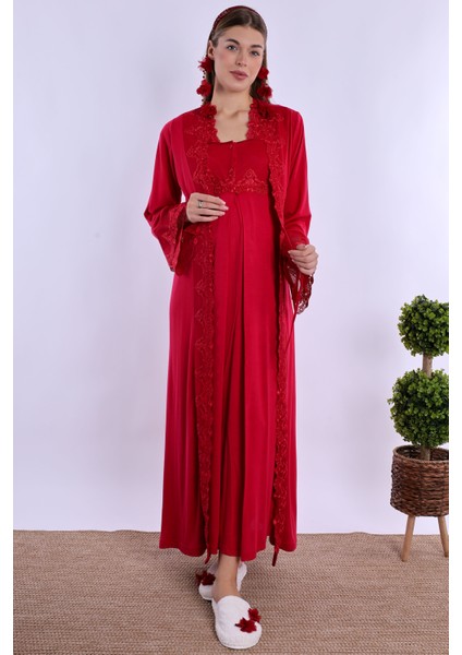 Vişne Sabahlıklı Hamile Lohusa Gecelik Takım