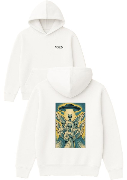 Ufo Melek Uzaylılar Tasarım Baskılı Oversize Beyaz Kapüşonlu Sweatshirt