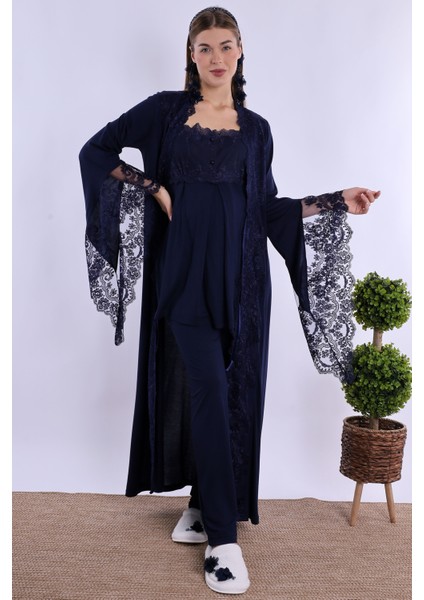 Lacivert Sabahlıklı Hamile Lohusa Pijama Takımı