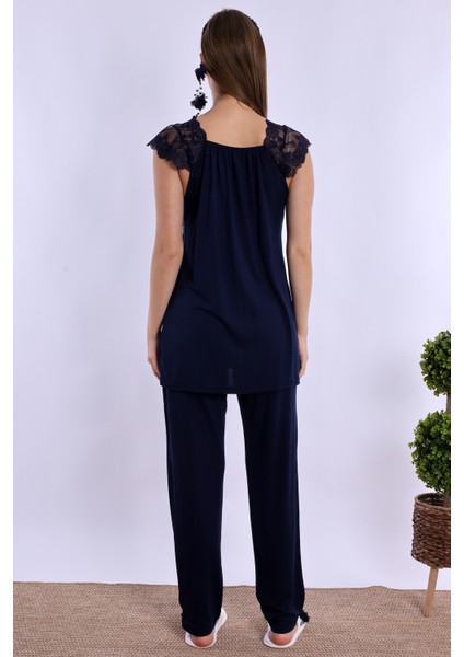 Lacivert Sabahlıklı Hamile Lohusa Pijama Takımı