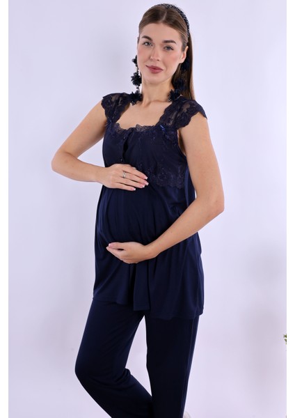 Lacivert Sabahlıklı Hamile Lohusa Pijama Takımı