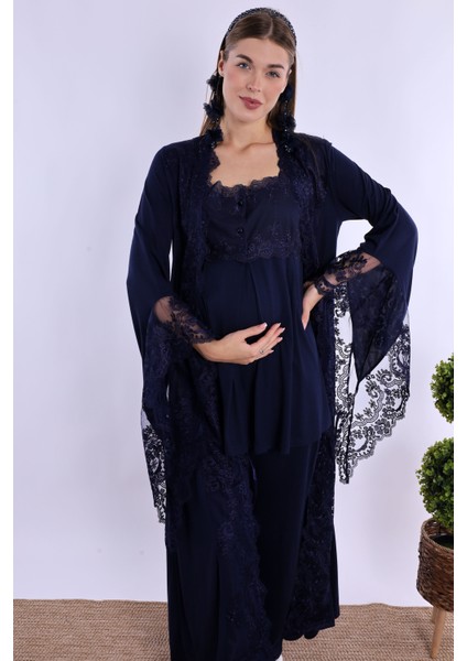 Lacivert Sabahlıklı Hamile Lohusa Pijama Takımı