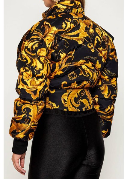 Kadın Regular Fit Barok Desenli Kürklü Kapüşonlu Crop Şişme Mont - Siyah/altın Sarısı fiyatları