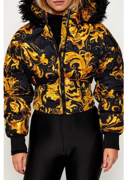 Kadın Regular Fit Barok Desenli Kürklü Kapüşonlu Crop Şişme Mont - Siyah/altın Sarısı modelleri