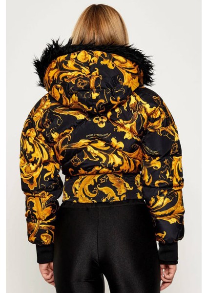 Kadın Regular Fit Barok Desenli Kürklü Kapüşonlu Crop Şişme Mont - Siyah/altın Sarısı fırsatları