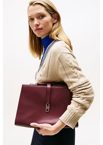 Kadın Metal Kilit Detaylı El ve Omuz Çantası - Bordo indirimleri