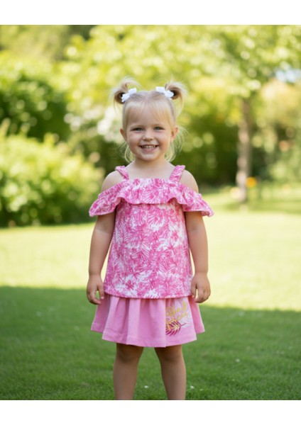 Kız Çocuk Etek-Tişört Takım, %100 Pamuk Nefes Alan, Lastikli Straplez, Tarz, Pileli