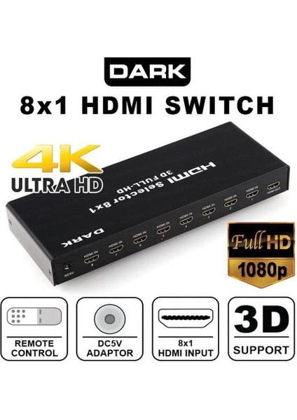 DK-HD-SW8X1 Full Hd 8 Giriş 1 Çıkışlı Uzaktan Kumandalı HDMI Switch (Seçici) fiyatları