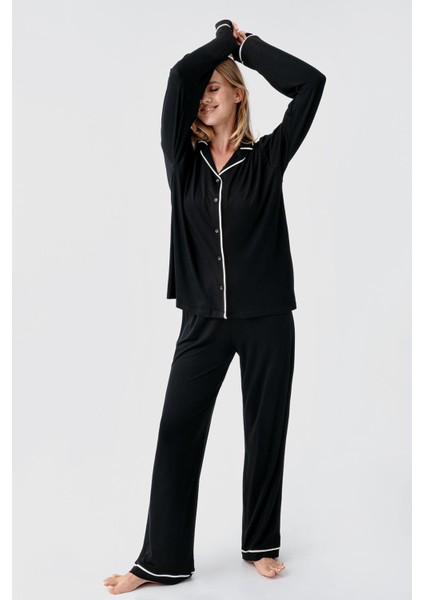 Uzun Kollu Düğmeli Esnek Viskoz Pijama Takım 18207 fiyatları