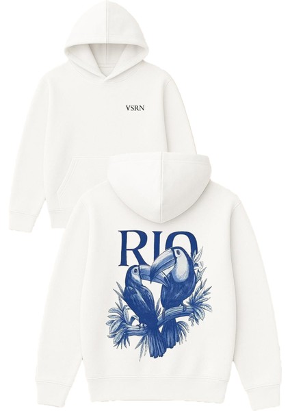 Rıo 2 Kuş Tasarım Baskılı Oversize Beyaz Kapüşonlu Sweatshirt