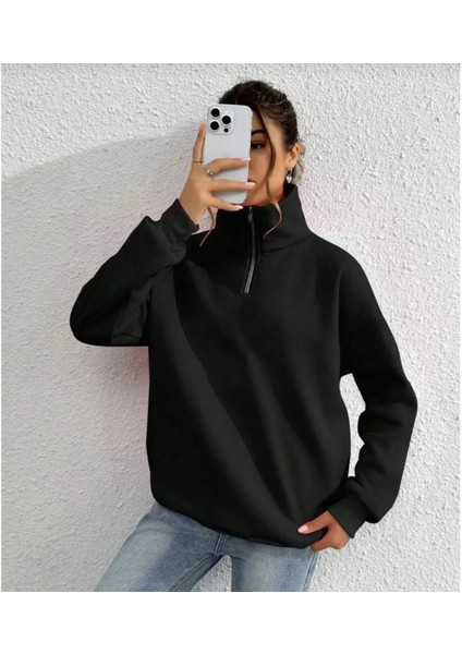 Unisex Uzun Kol Yarım Farmuarlı Yakalı Basic Sweatshirt - Siyah modelleri