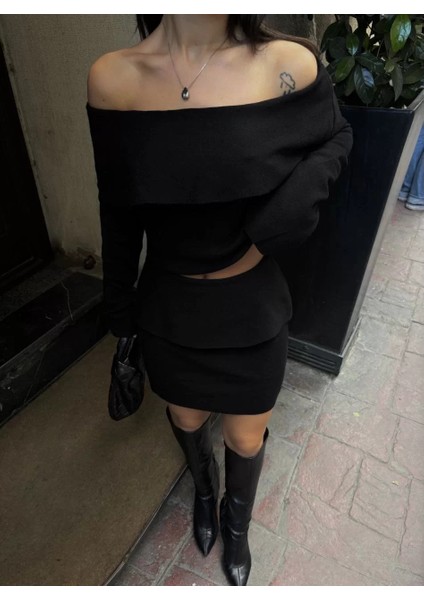 Straplez , Madonna , Carmen Yaka Croplu Mini Etekli Ikili Takım Triko - Siyah