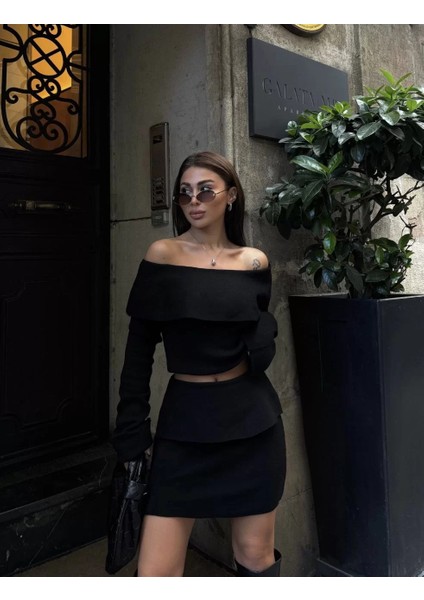 Straplez , Madonna , Carmen Yaka Croplu Mini Etekli Ikili Takım Triko - Siyah fiyatları