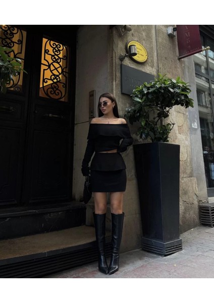 Straplez , Madonna , Carmen Yaka Croplu Mini Etekli Ikili Takım Triko - Siyah modelleri