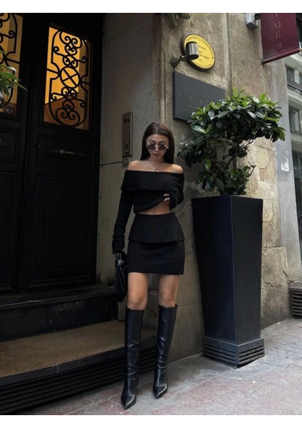 Straplez , Madonna , Carmen Yaka Croplu Mini Etekli Ikili Takım Triko - Siyah indirimleri