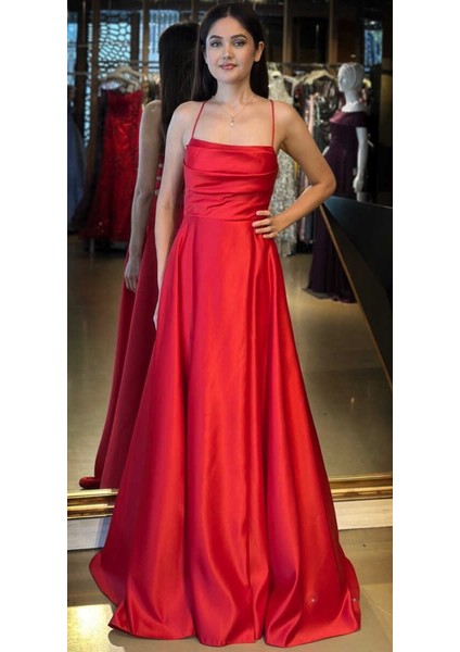 Kırmızı Ip Askılı Sırt Dekolteli Kloş Etekli Saten Uzun Abiye Elbise 7764