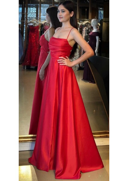 Kırmızı Ip Askılı Sırt Dekolteli Kloş Etekli Saten Uzun Abiye Elbise 7764 fiyatları
