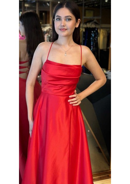 Kırmızı Ip Askılı Sırt Dekolteli Kloş Etekli Saten Uzun Abiye Elbise 7764 modelleri