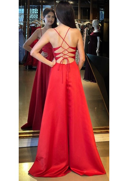 Kırmızı Ip Askılı Sırt Dekolteli Kloş Etekli Saten Uzun Abiye Elbise 7764 indirimleri